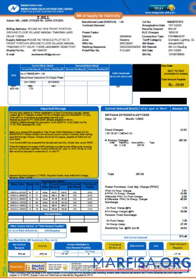 Downloadable India Tata Power Company Limited utility bill template in Word and PDF formats